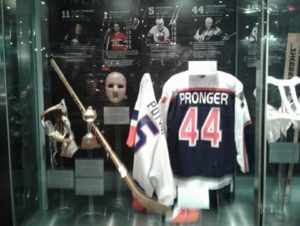 Display at the Hockey Hall of Fame including two jerseys worn by 'Pronger' number 44, a stick, and a trophy. The information in the back of the case, however, does not relate only to Pronger but a number of players  from various teams. 