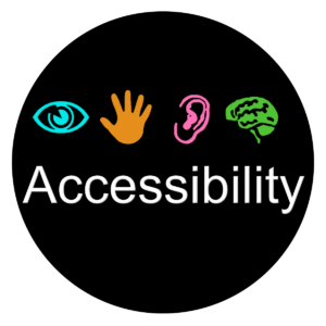 Your Community: the logo is a black circle with the word "Accessibility" appearing in bold white text. Four high contrast icons appear immediately above the text: a blue eye, a yellow hand, a red ear, and a green brain. These icons represent different modalities people use when interacting with technology—vision, touch, hearing, and cognition.