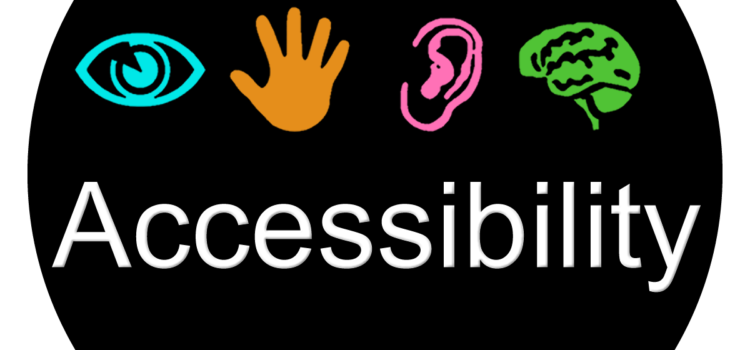 The logo is a black circle with the word "Accessibility" appearing in bold white text. Four high contrast icons appear immediately above the text: a blue eye, a yellow hand, a red ear, and a green brain. These icons represent different modalities people use when interacting with technology—vision, touch, hearing, and cognition.