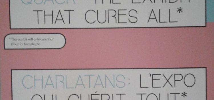 Pink exhibition text from the Museum of Health Care, title reads "Quack: The Exhibition that Cures All*