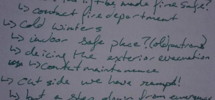 List form brainstorming for accessible evacuation starting with 'Big Idea' at the top followed by subheadings such as 'we have stairs' and 'outside there are ramps'